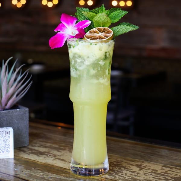 A tall glass of light green cocktail, garnished with a pink orchid, mint, and dried lime.