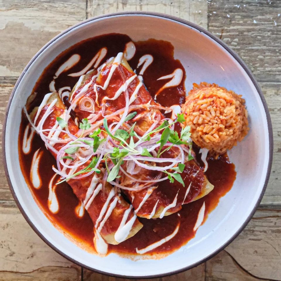 Enchiladas with red sauce, sour cream, red onions, and microgreens, served with a side of rice.