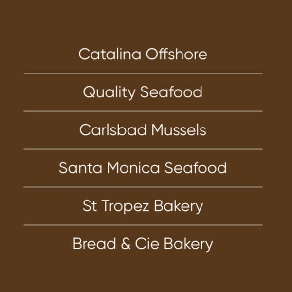 A list of food suppliers including Catalina Offshore, Quality Seafood, Carlsbad Mussels, and St Tropez Bakery.