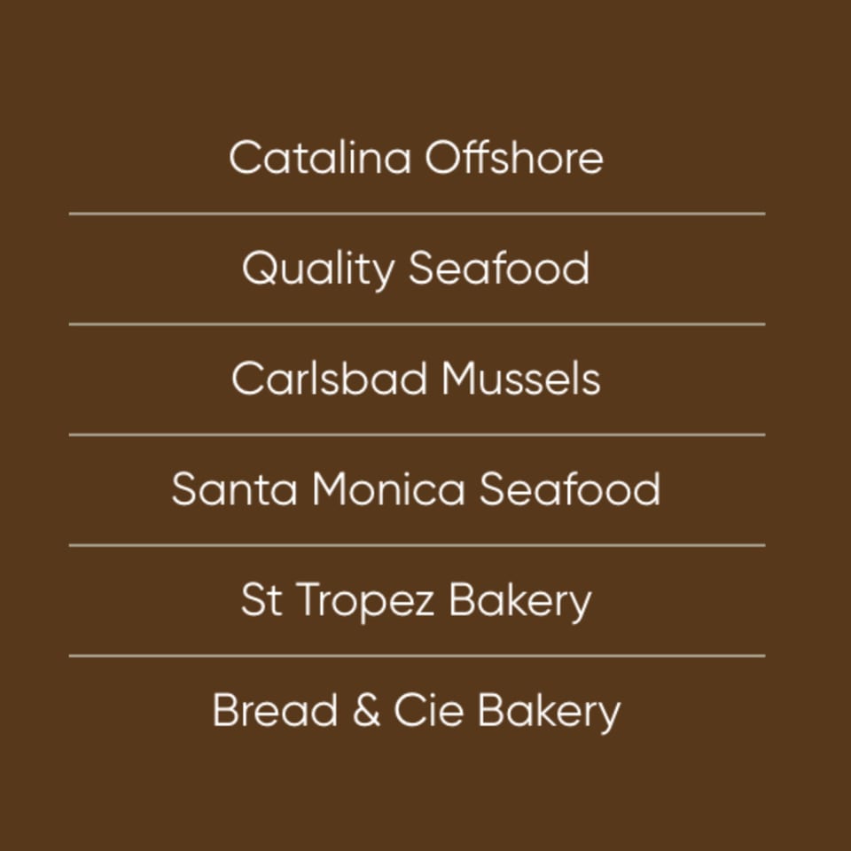 A list of food suppliers including Catalina Offshore, Quality Seafood, Carlsbad Mussels, and St Tropez Bakery.