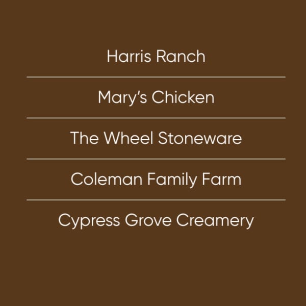List of ingredient suppliers: Harris Ranch, Mary's Chicken, The Wheel Stoneware, Coleman Family Farm, Cypress Grove Creamery.