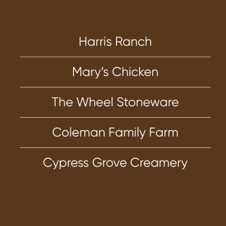 List of ingredient suppliers: Harris Ranch, Mary's Chicken, The Wheel Stoneware, Coleman Family Farm, Cypress Grove Creamery.
