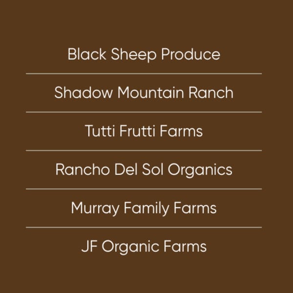 List of six farm and produce suppliers, including Black Sheep Produce and Tutti Frutti Farms.