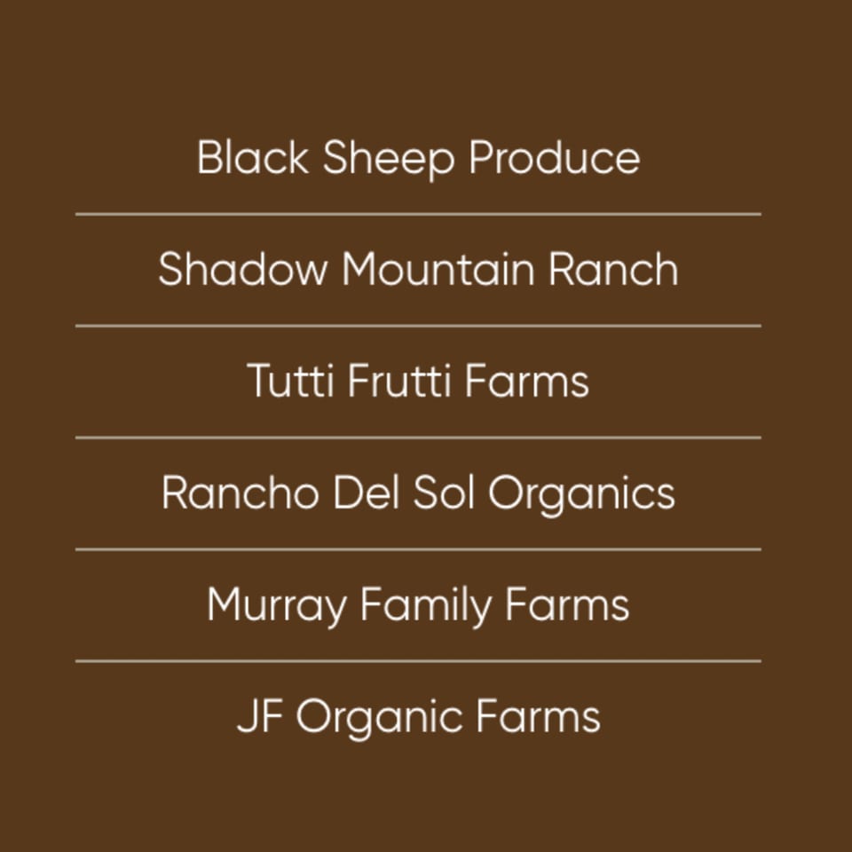 List of six farm and produce suppliers, including Black Sheep Produce and Tutti Frutti Farms.