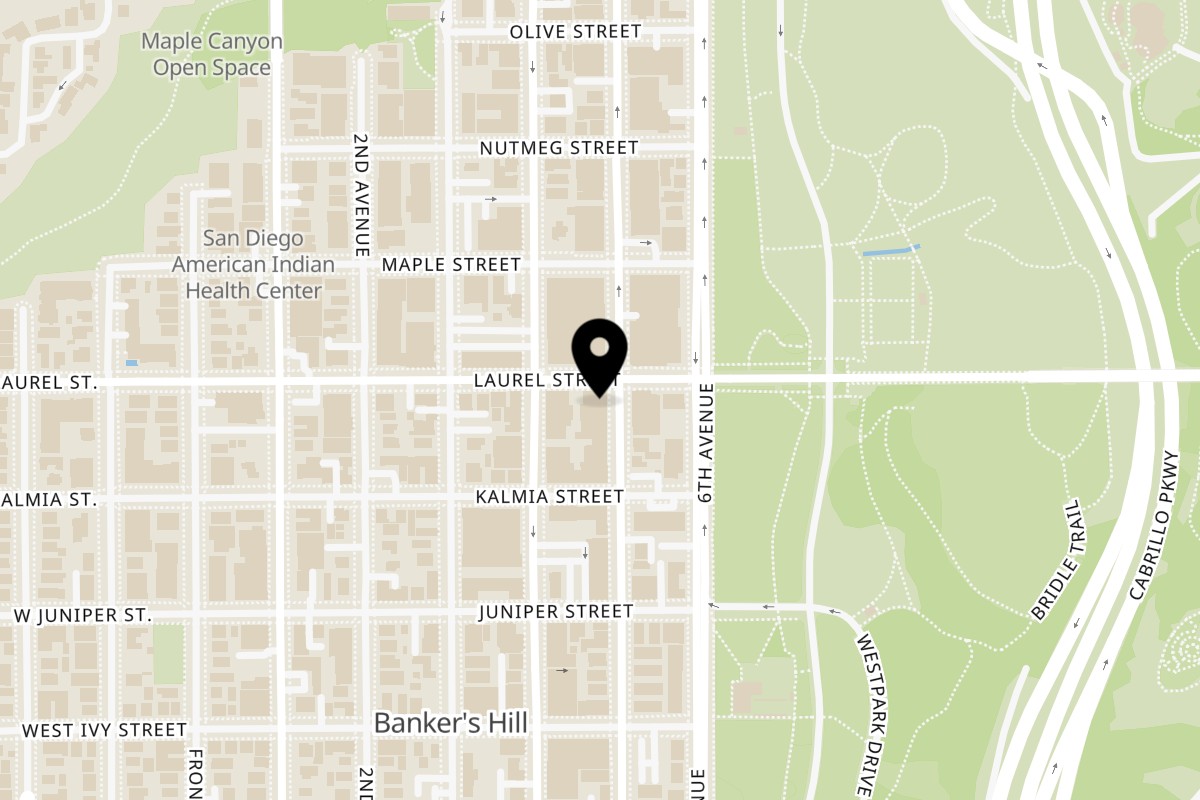 Map showing the location of The Corner Drafthouse on 495 Laurel St in San Diego